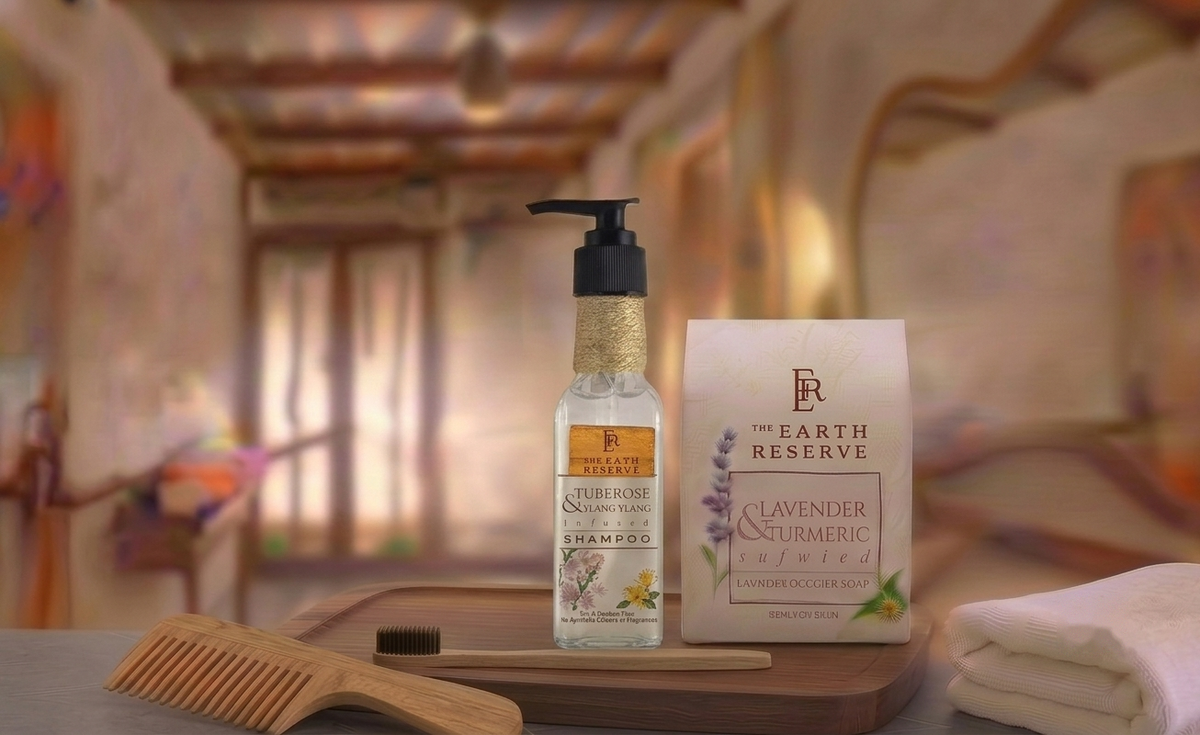 The Earth Reserve eco-friendly hotel toiletries aligned with conscious travel 2027 trends, including natural soap, wooden comb, and bamboo toothbrush