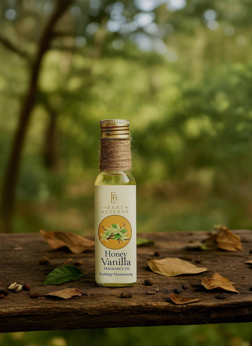 Bottle of honey vanilla product on a wooden surface with a natural background