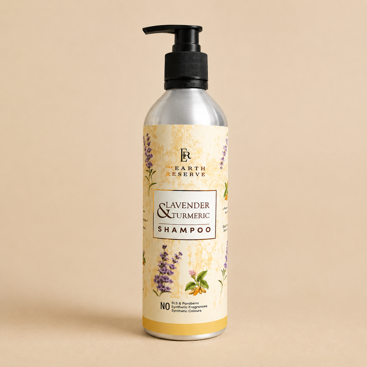 Sulphate-free Lavender and Turmeric shampoo 500ml bottle for healthy hair by The Earth Reserve