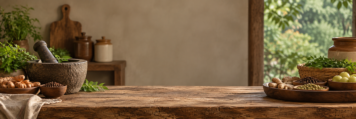 A rustic wooden table in a warm, earthy kitchen setting with a stone mortar and pestle, bowls of ingredients, and greenery