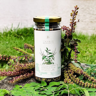 Organic, chemical-free Ashwagandha Moringa Tulsi green tea.
