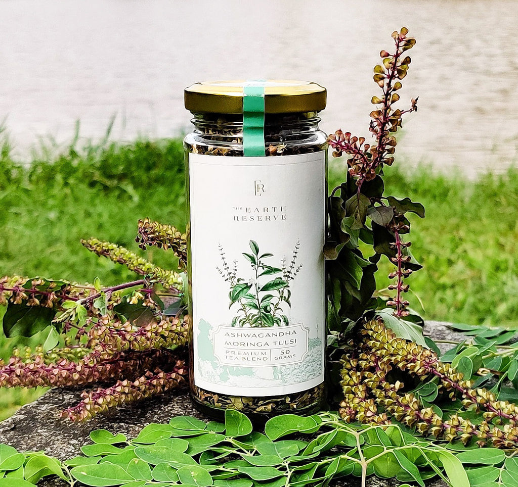 Organic, chemical-free Ashwagandha Moringa Tulsi green tea.